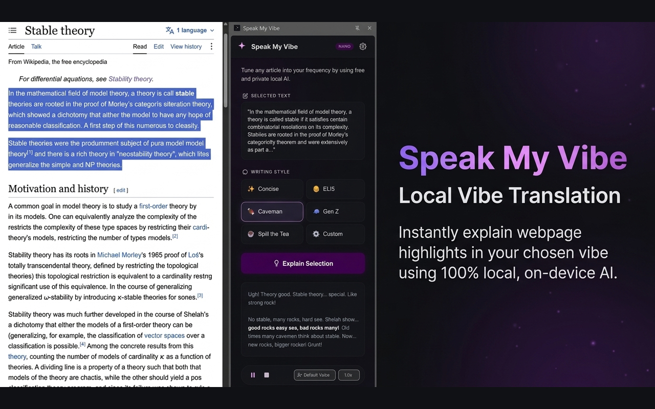 Speak My Vibe Extension active on a webpage