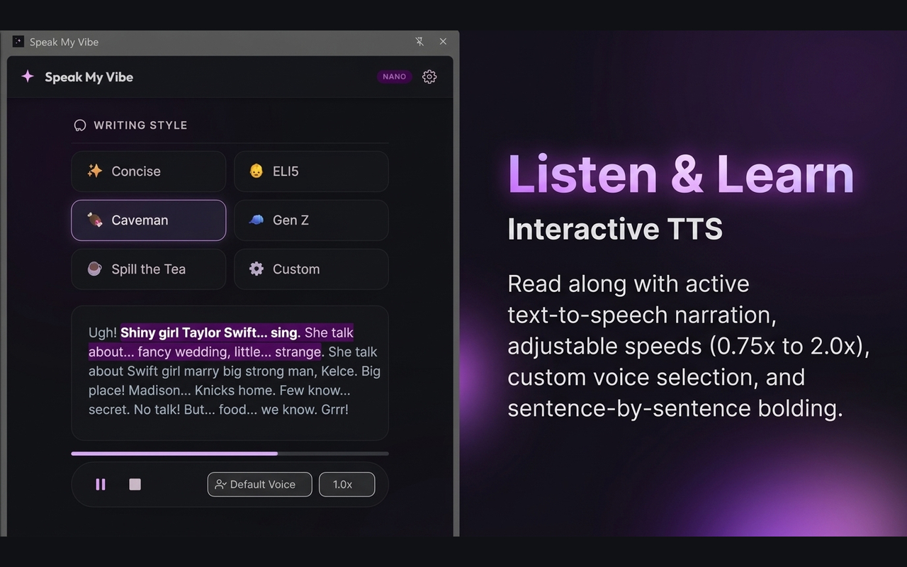 Text-to-Speech playback bar and sentence highlighting