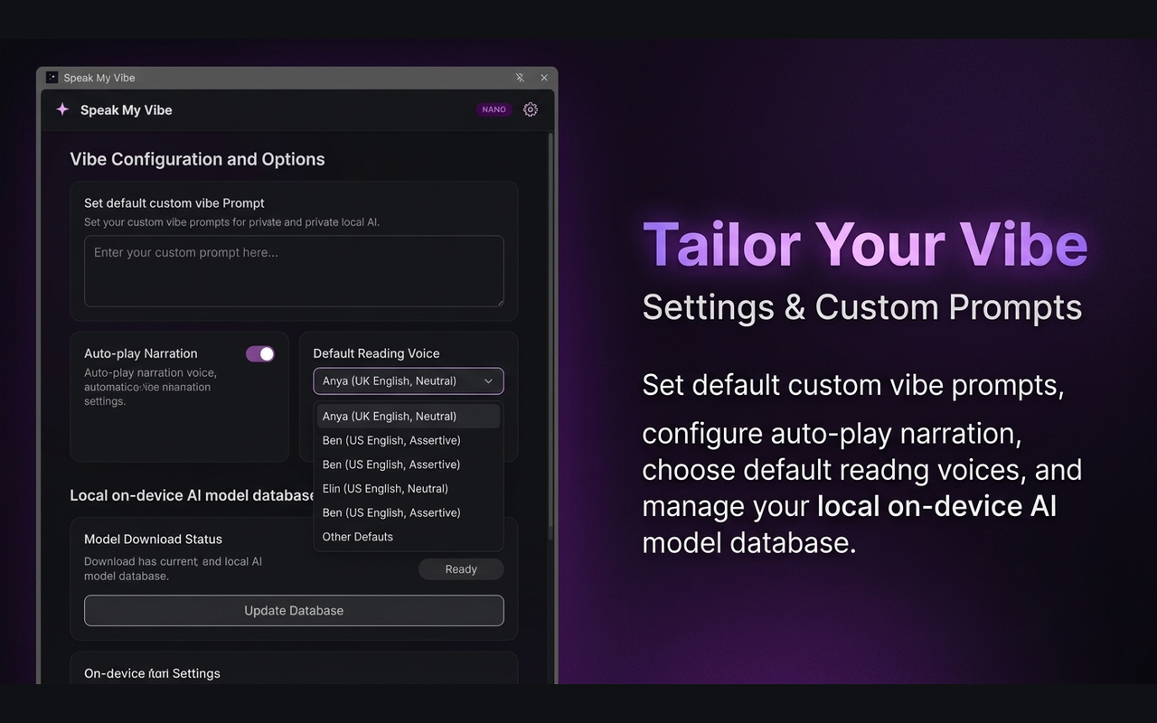 Model management and settings panels screen